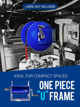 MEKOH wall-mountable hose reel in a tidy workshop