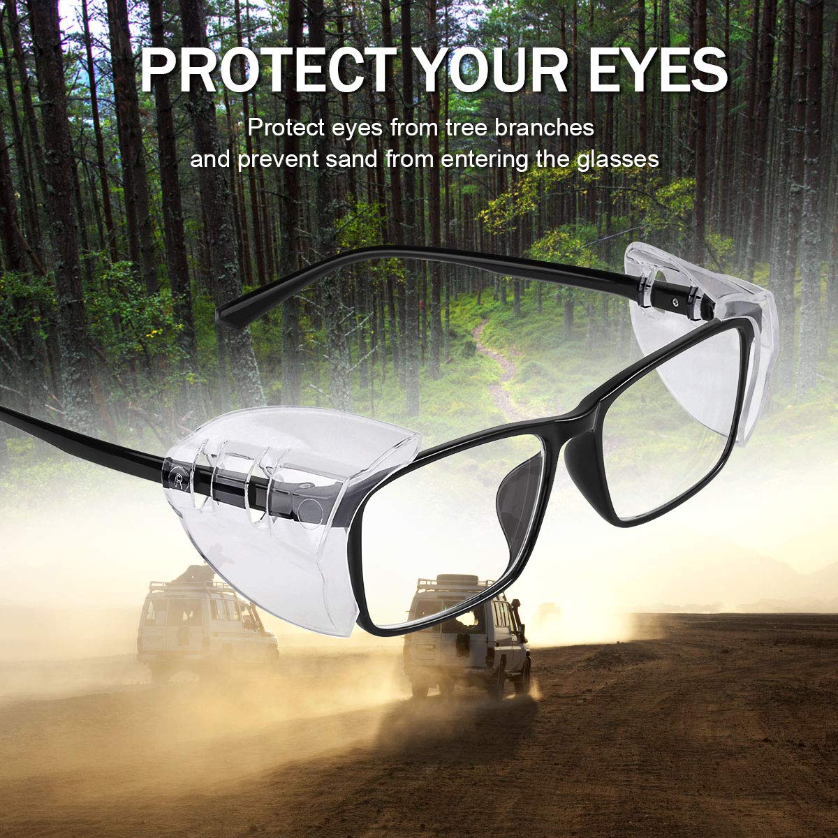 MELASA side shields attached to glasses provide extended coverage during daily tasks.