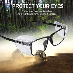 MELASA side shields attached to glasses provide extended coverage during daily tasks.