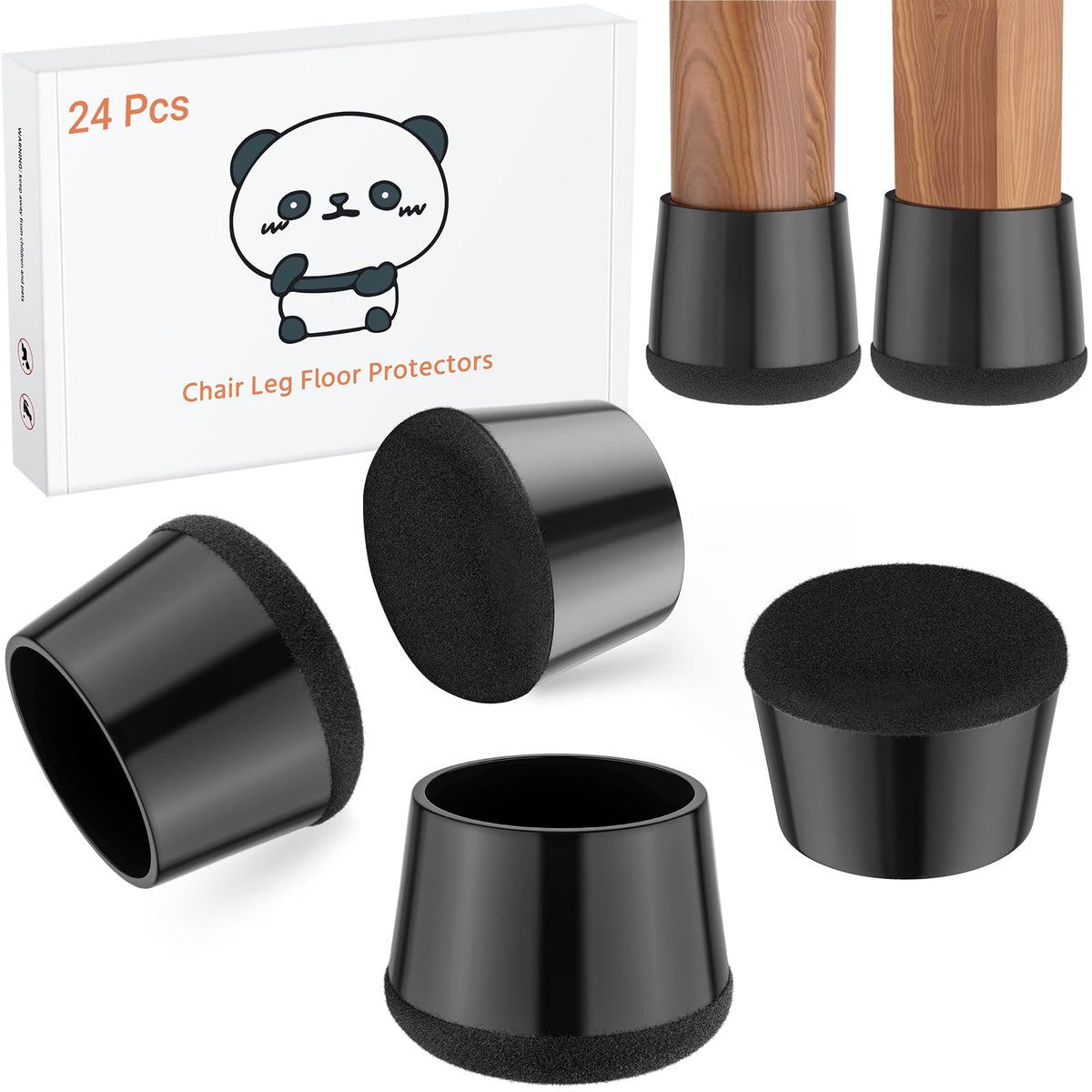 Meldel chair leg protectors packaging shows easy setup and protection.