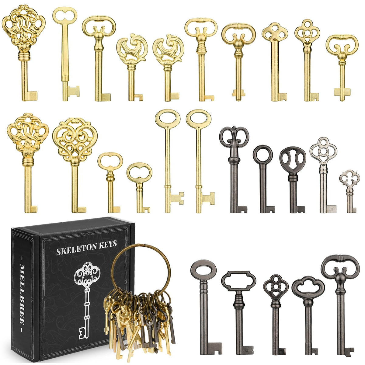 Mellbree skeleton keys pack showing 26 keys for antique furniture.