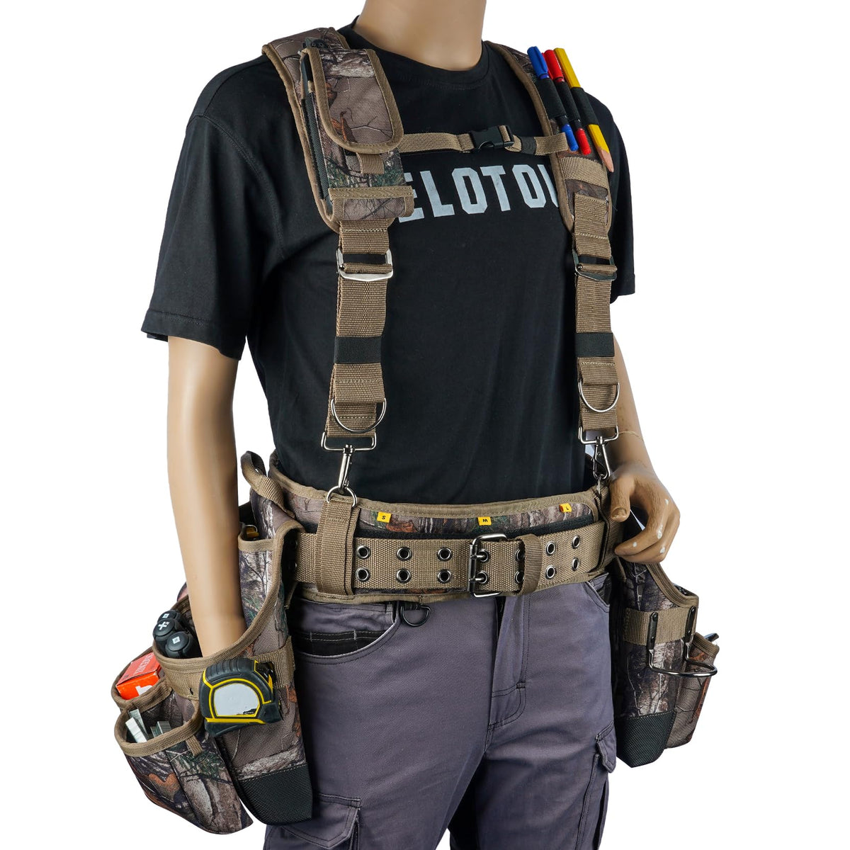 MELOTOUGH 23-pocket design keeps nails and drivers within reach.