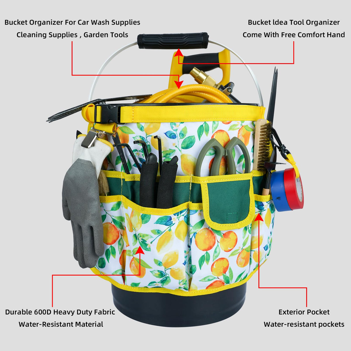 MELOTOUGH Bucket Caddy shows the comfortable handle for easier garden carry