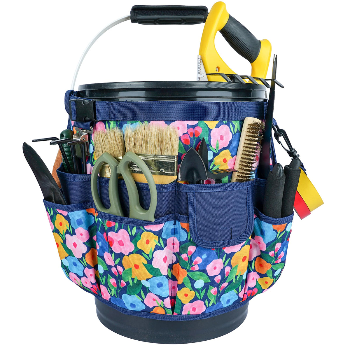 MELOTOUGH bucket caddy organizer front view with blue flower design showing tool accessibility