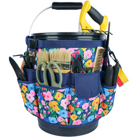 MELOTOUGH bucket caddy organizer front view with blue flower design showing tool accessibility