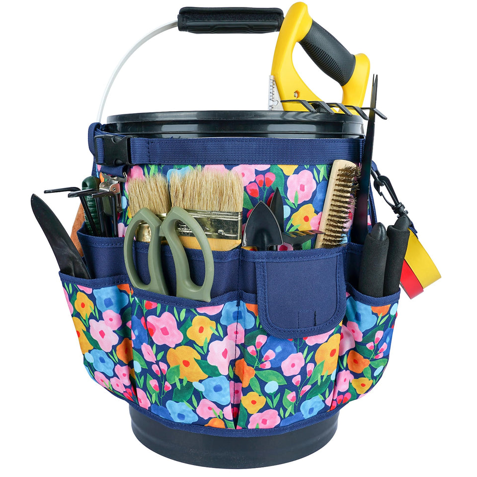MELOTOUGH bucket caddy organizer front view with blue flower design showing tool accessibility