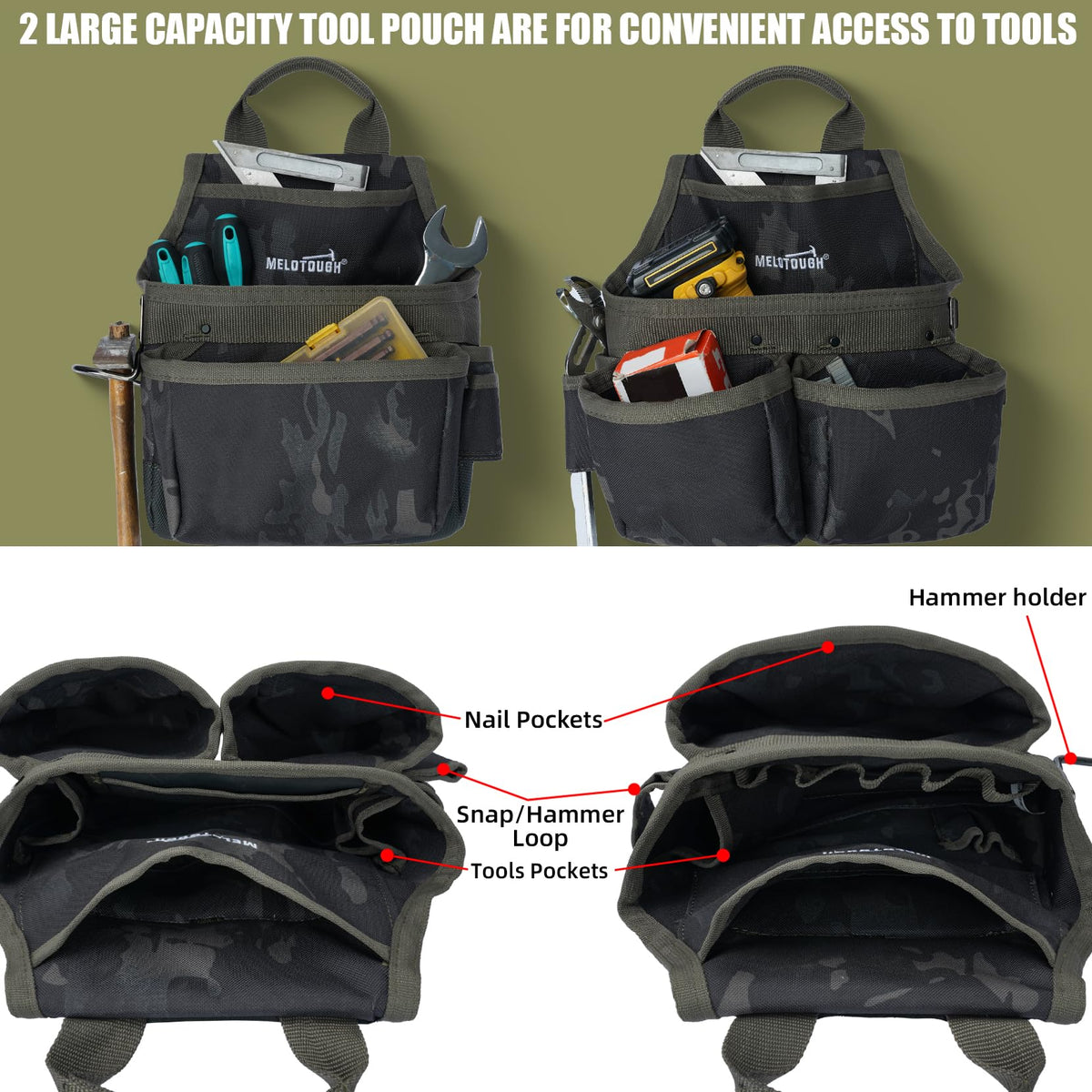 MELOTOUGH camo tool belt with 23 pockets for quick tool access