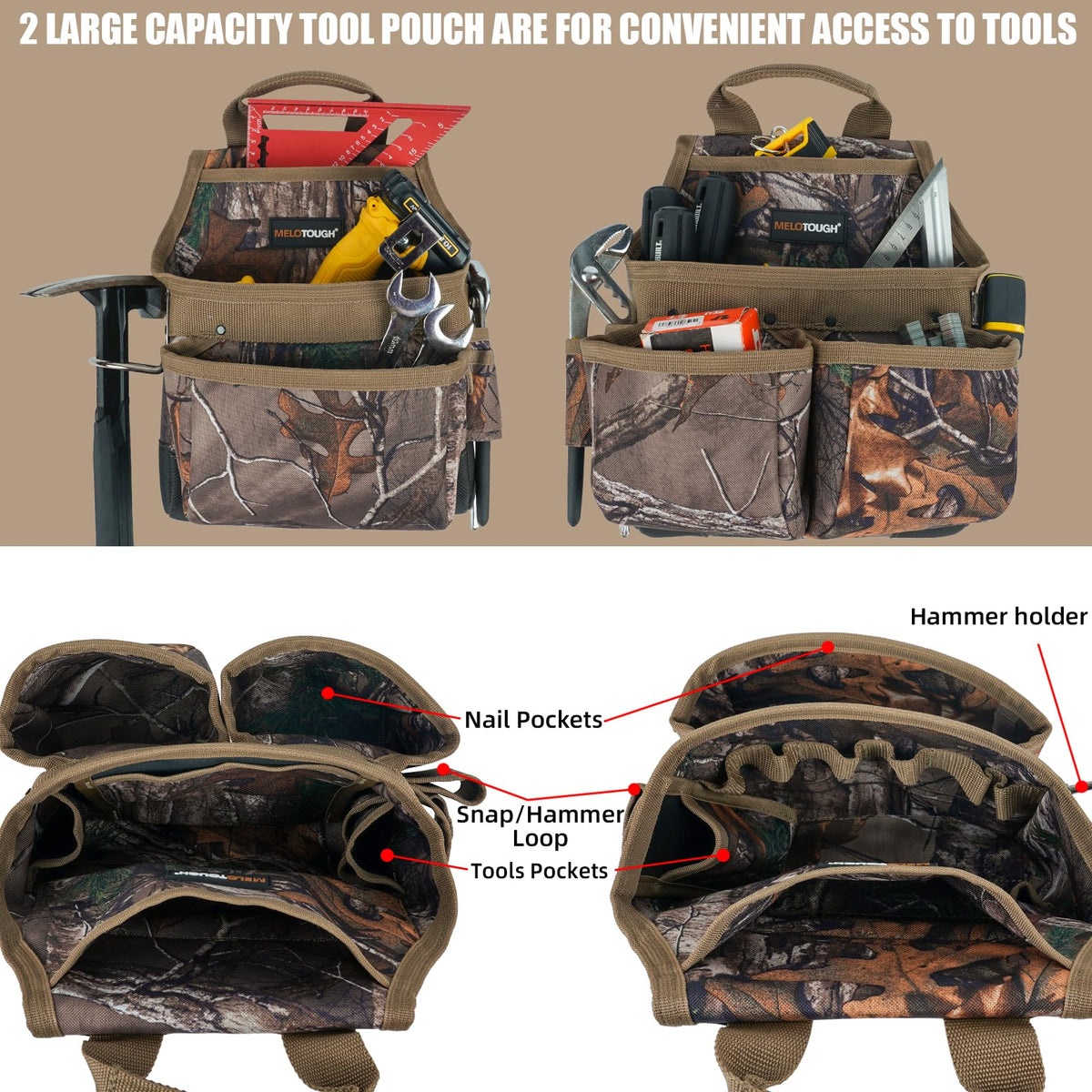 MELOTOUGH camo tool belt shows rugged 600D fabric durability.