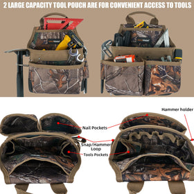 MELOTOUGH camo tool belt shows rugged 600D fabric durability.