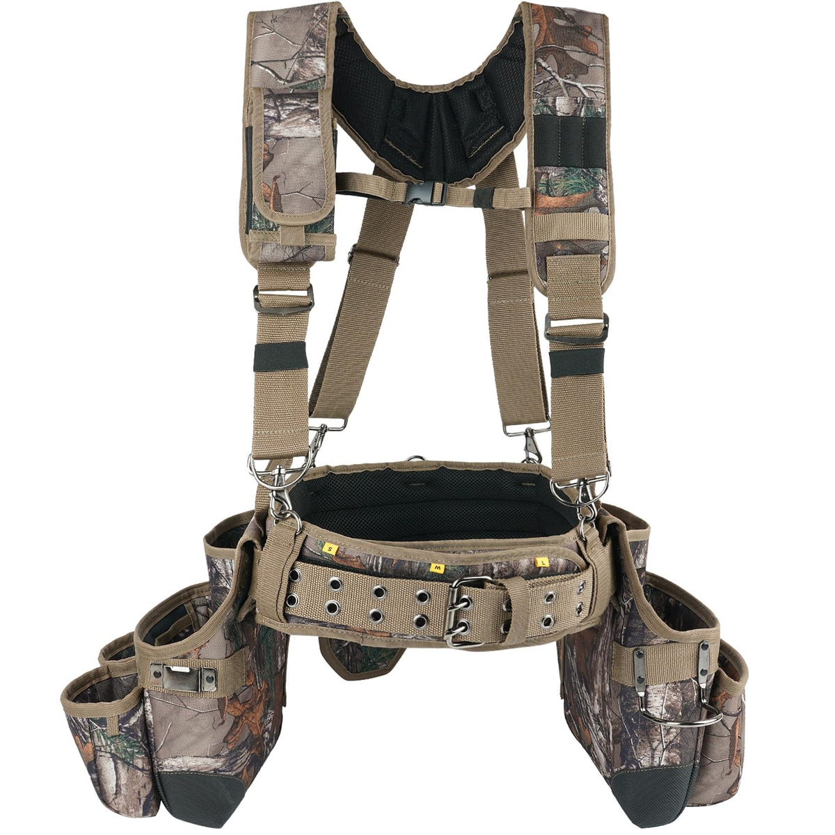 MELOTOUGH camo tool belt with suspenders setup for all-day comfort.