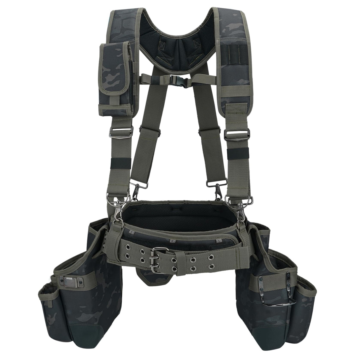 MELOTOUGH camo tool belt with suspenders for on-site organization and durability