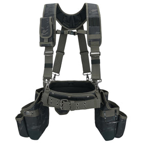 MELOTOUGH camo tool belt with suspenders for on-site organization and durability