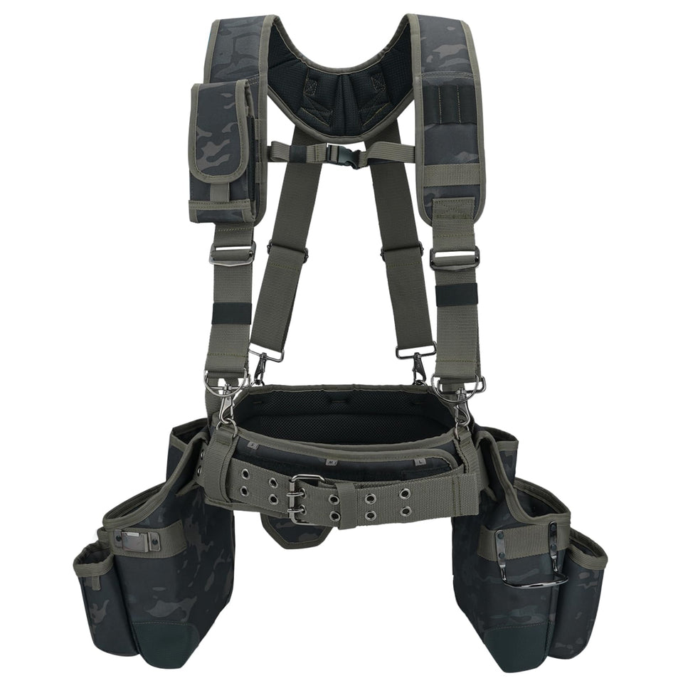 MELOTOUGH camo tool belt with suspenders for on-site organization and durability