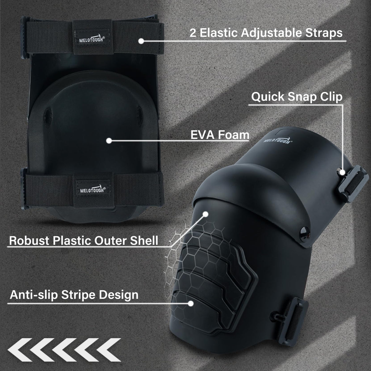 MELOTOUGH knee pads feature clip closures for quick on-off and secure fit.