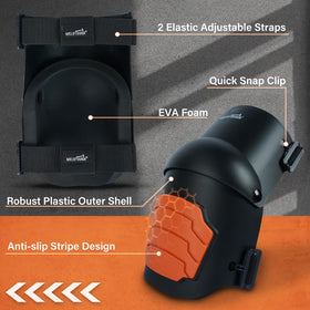 MELOTOUGH knee pads showing snap clips for easy on-off and adjustable fit.