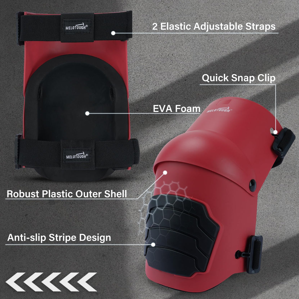 MELOTOUGH knee pads with quick-release clips for fast on-off tasks