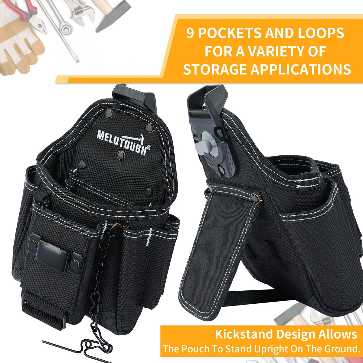 MELOTOUGH 9-pocket electrician bag keeping tools organized and within reach.