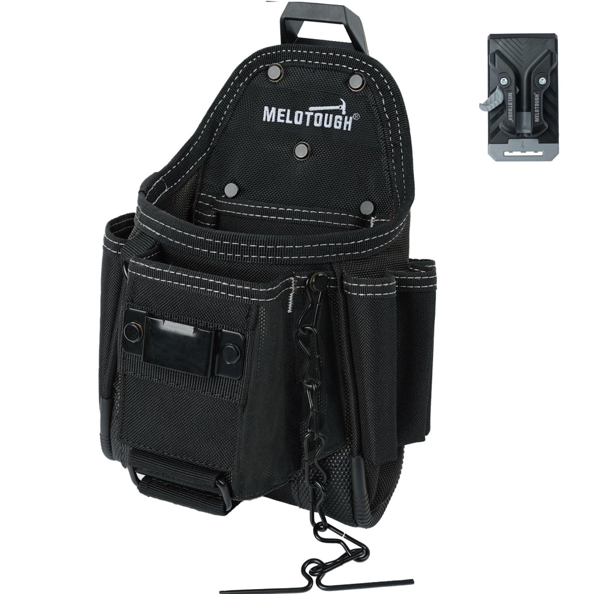 MELOTOUGH professional small electrician pouch with belt-clip access for rapid tool switching.