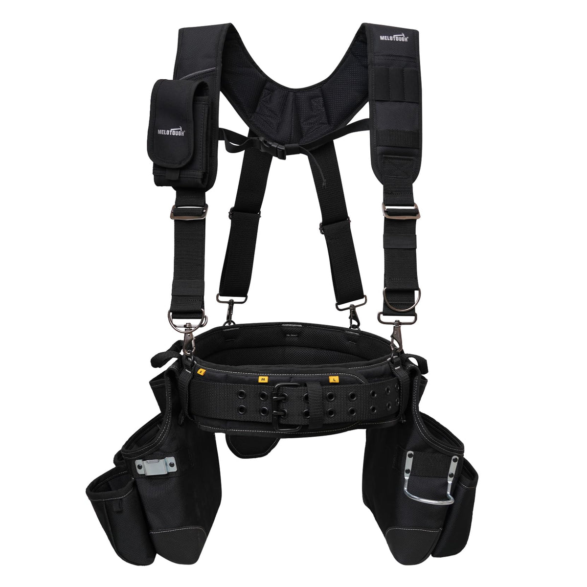 Melotough tool belt with suspenders for even weight distribution.