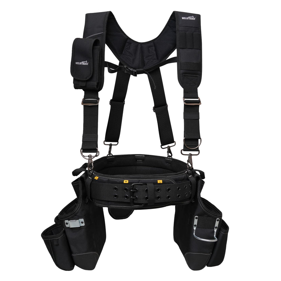 Melotough tool belt with suspenders for even weight distribution.