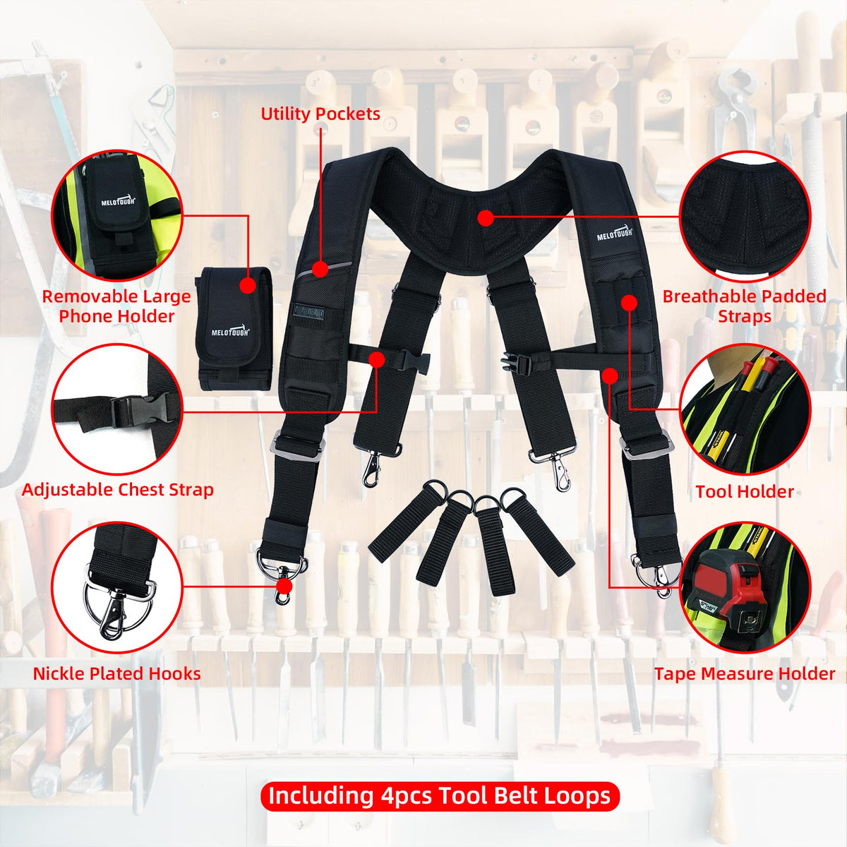MELOTOUGH suspenders show four-point support for balanced tool belt loads.