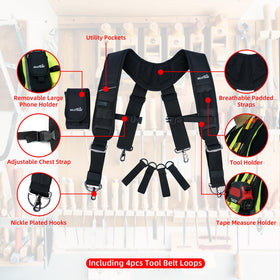 MELOTOUGH suspenders show four-point support for balanced tool belt loads.