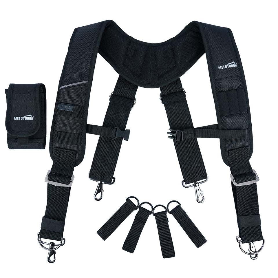 MELOTOUGH tool belt suspenders with strap detail for all-day padded comfort.