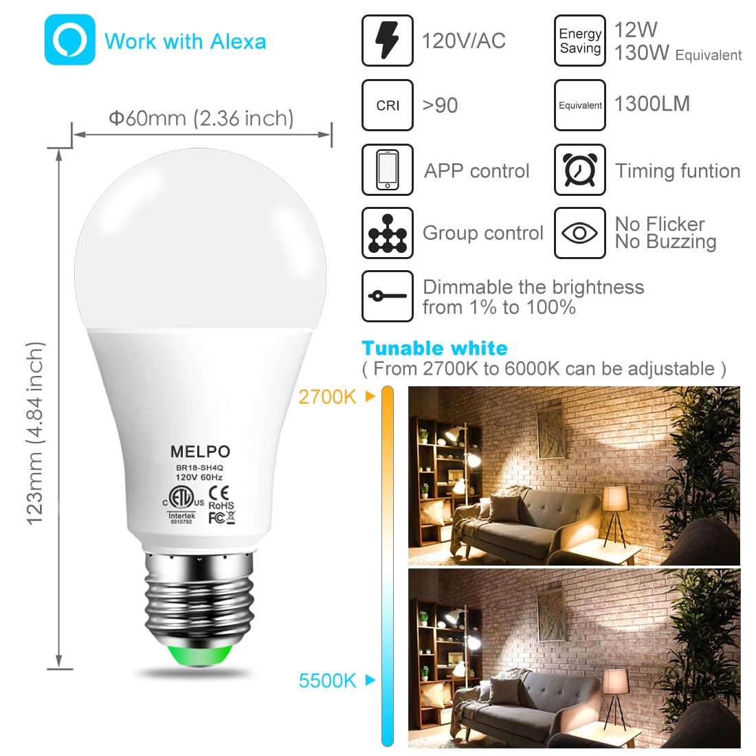 MELPO Alexa light bulb controlled via BRmesh app for precise settings