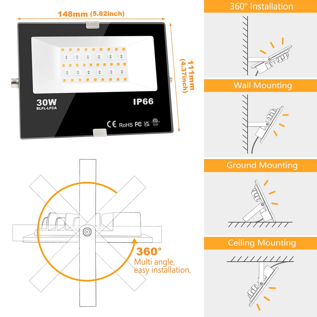 Melpo LED Flood Light 30W included 6-pack ready for quick installation