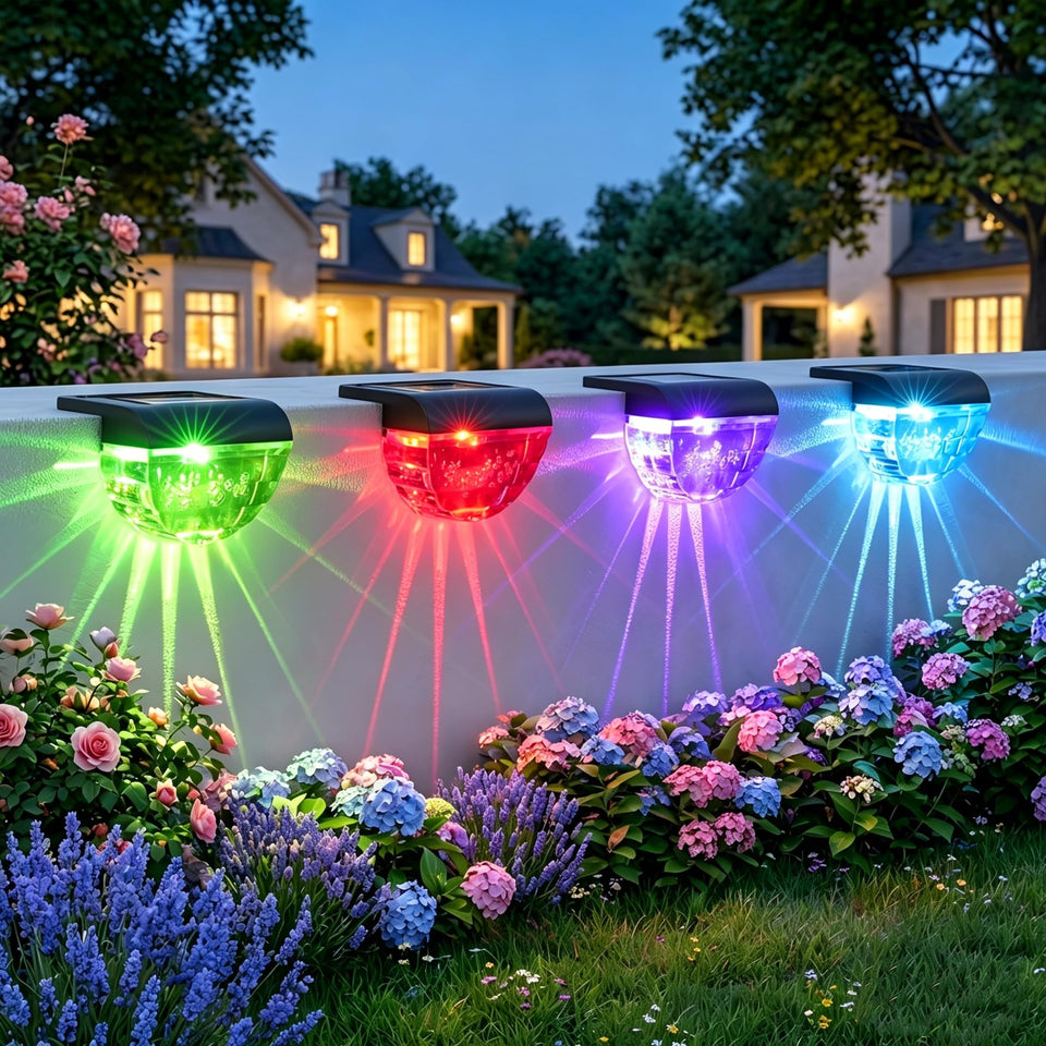Melunar color changing solar deck light front view enhances nighttime outdoor ambiance