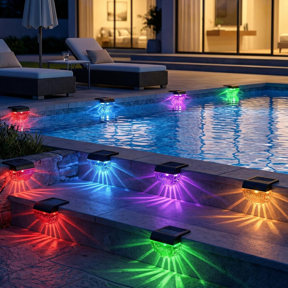 Melunar solar deck light color-changing set illuminates outdoor evenings with festive hues.