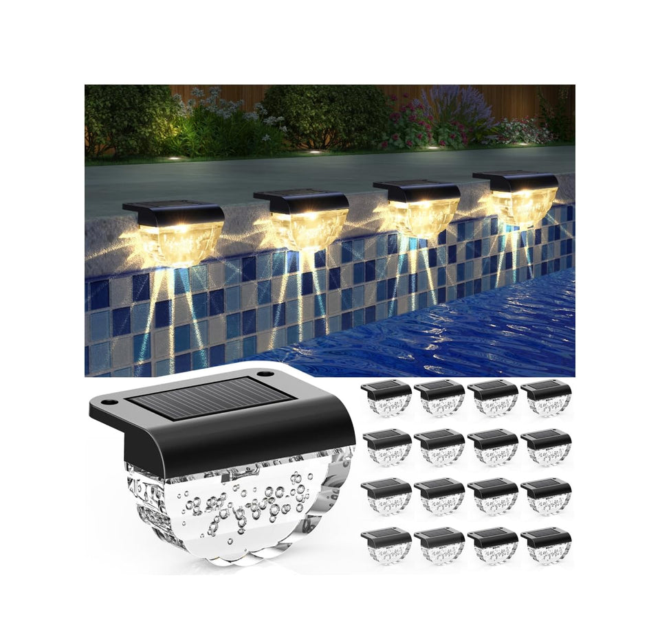 Melunar solar deck light with warm white glow on a stylish outdoor deck.