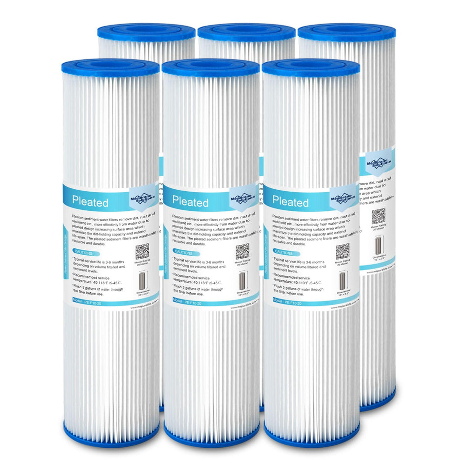 Membrane Solutions 20 micron pleated filter for 10x2.5 inch housings, versatile sediment pre-filter.