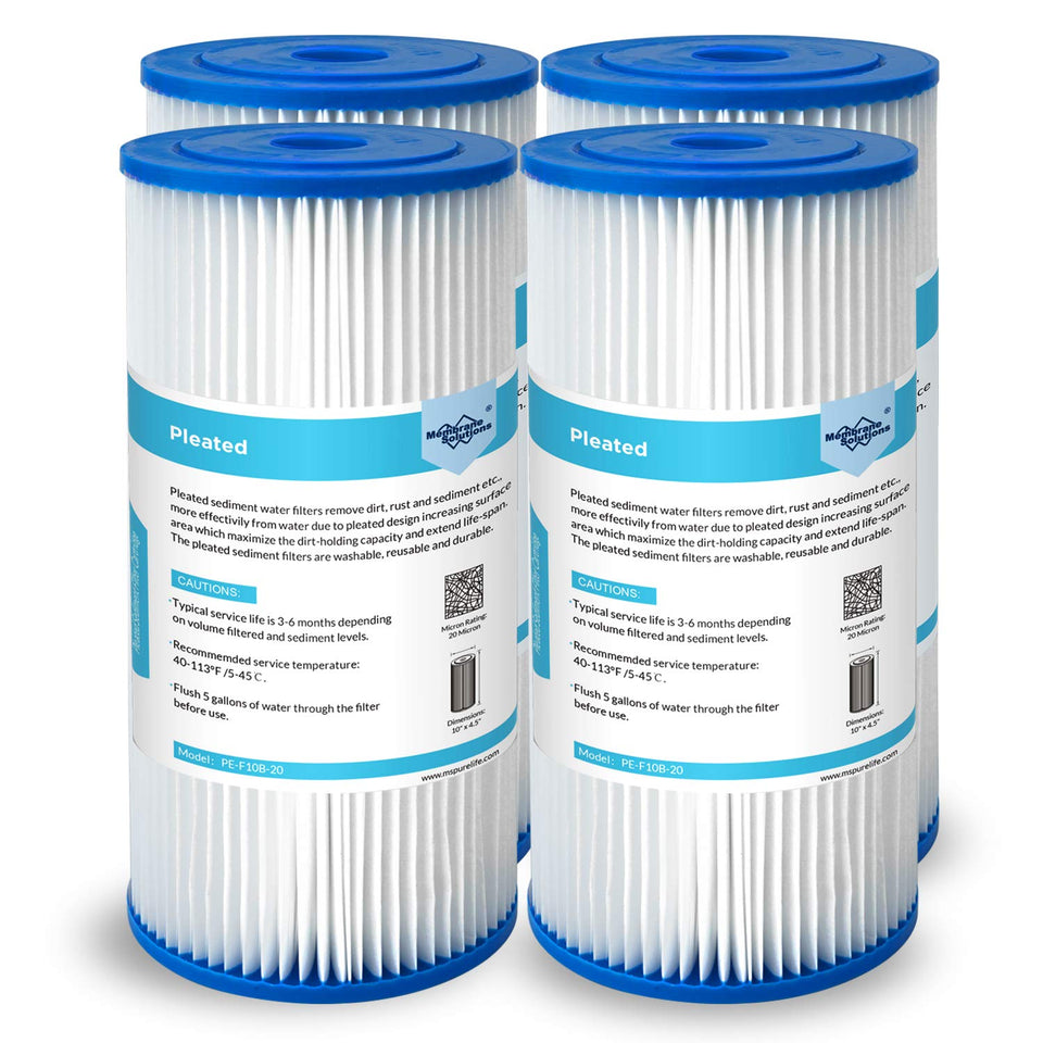 Membrane Solutions 20-micron pleated filter assembly for home use captures sediment and protects plumbing