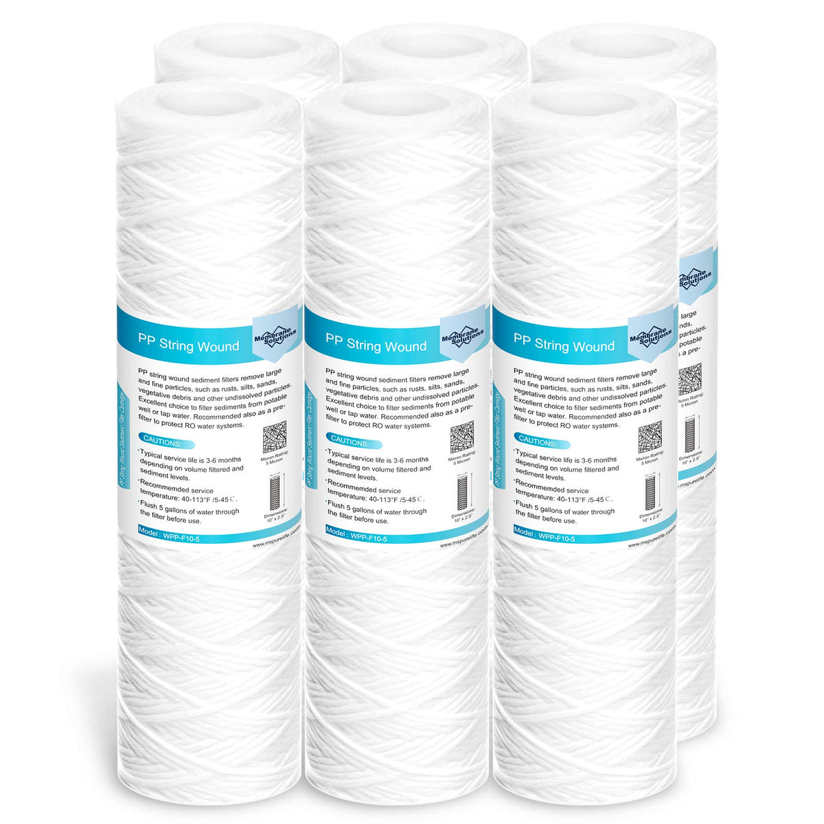 Membrane Solutions 5 micron string-wound filter removes well water sediment effectively.