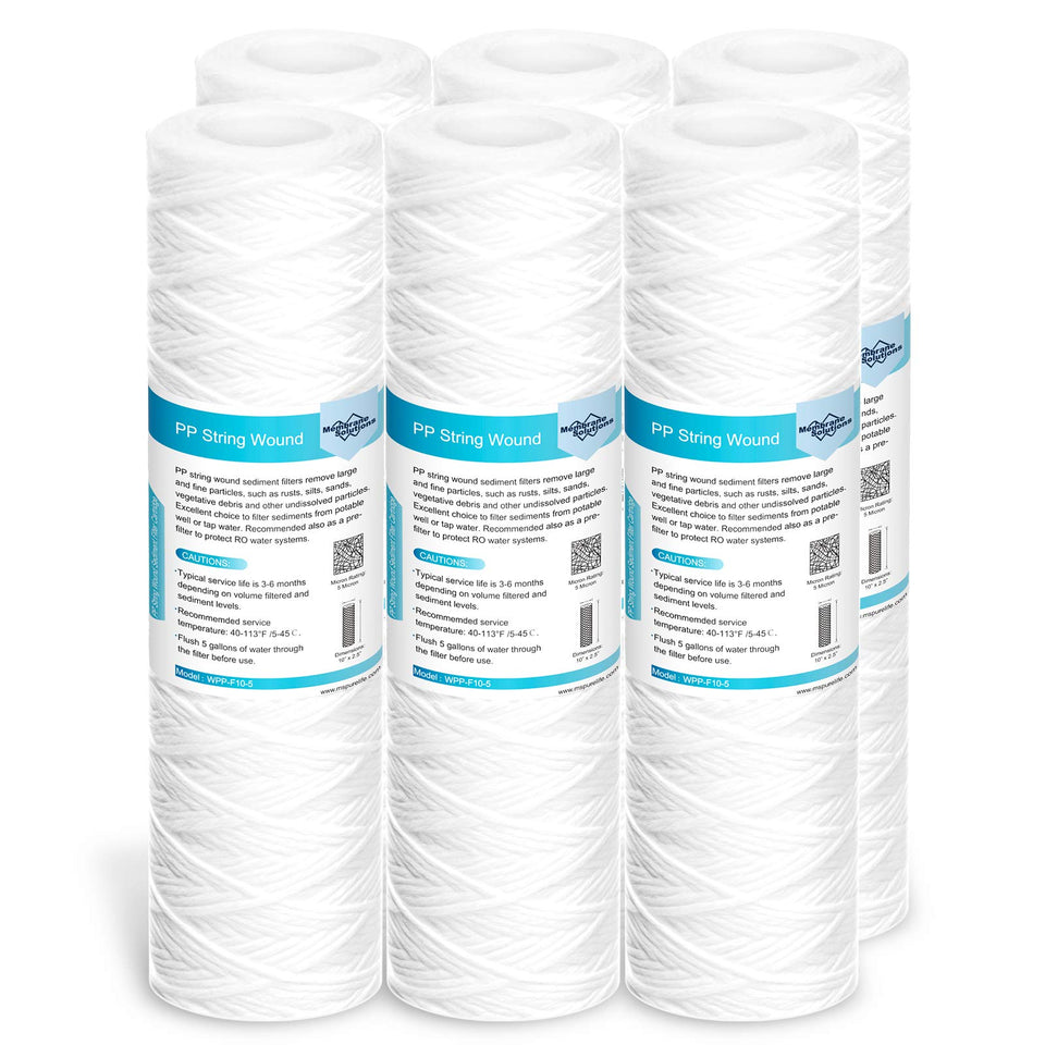 Membrane Solutions 5 micron string-wound filter removes well water sediment effectively.