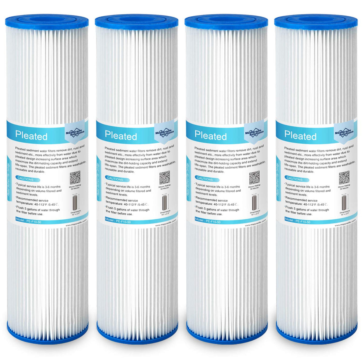 Membrane Solutions 50-micron pleated sediment filter 10x2.5 inch, front view, helps prevent particle buildup in lines.