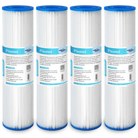 Membrane Solutions 50-micron pleated sediment filter 10x2.5 inch, front view, helps prevent particle buildup in lines.