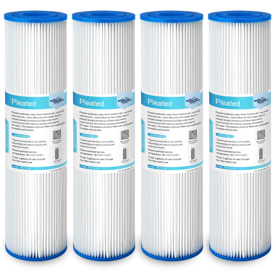 Membrane Solutions 50-micron pleated sediment filter 10x2.5 inch, front view, helps prevent particle buildup in lines.