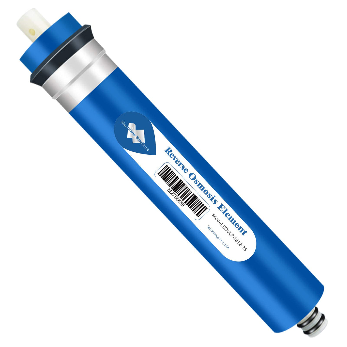 Membrane Solutions 75GPD RO membrane close-up showing compact under-sink size.