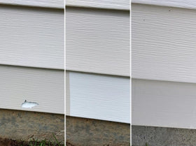 Mendyl vinyl repair patch cut to fit, easily covering cracks on siding.