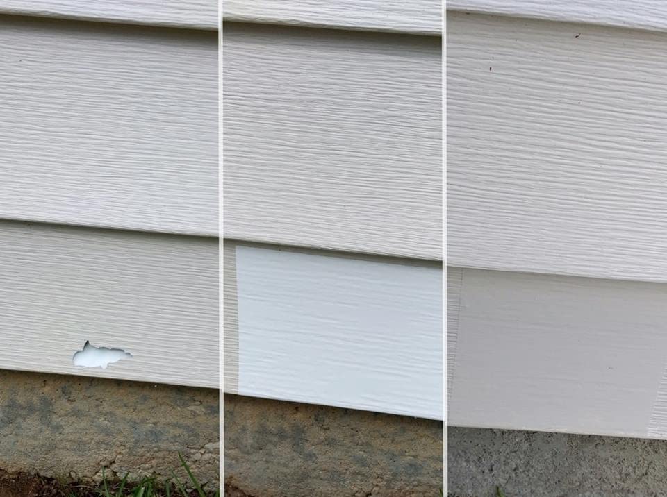 Mendyl vinyl repair patch cut to fit, easily covering cracks on siding.