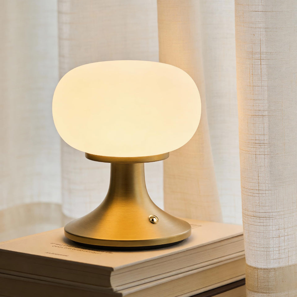 MEORA cordless lamp with milky-white glass shade for warm, diffuse lighting