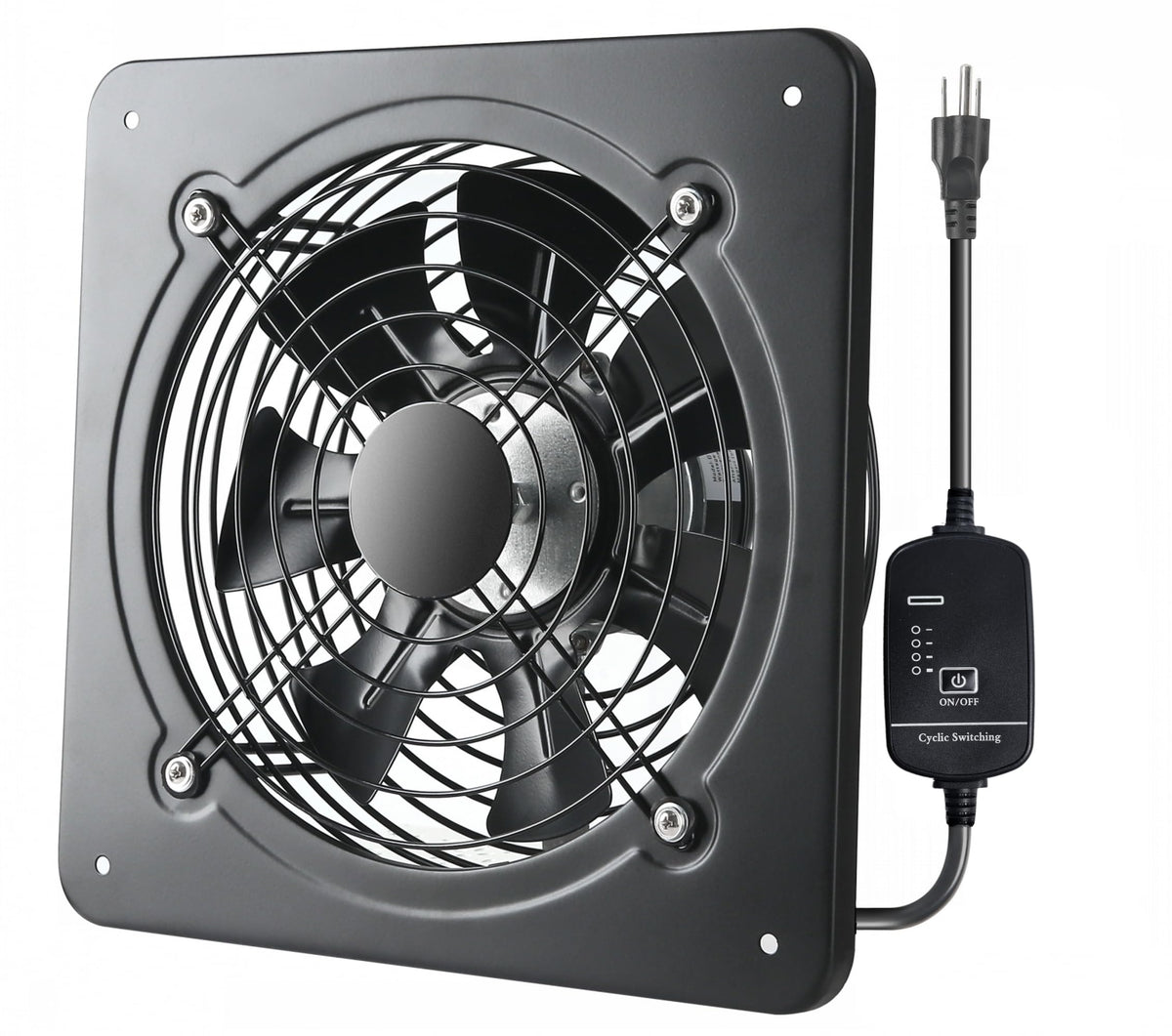 MEOZRI 12-inch window exhaust fan installed on a wall for efficient air exchange.