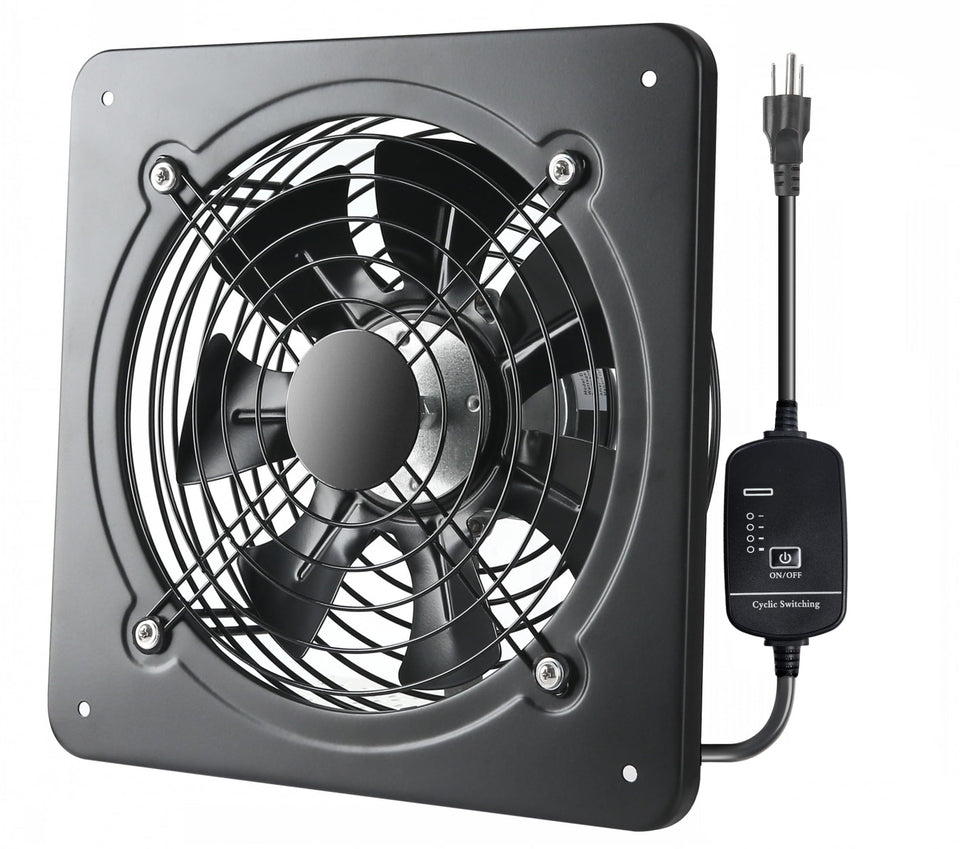 MEOZRI 12-inch window exhaust fan installed on a wall for efficient air exchange.