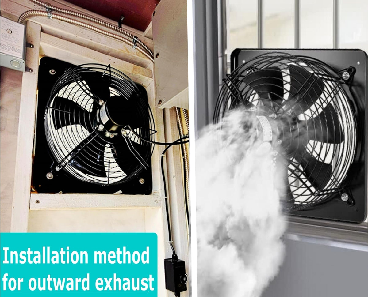 MEOZRI wall-mount ventilation fan ready for garage cooling.