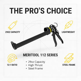 Meritool 112 caulking gun capacity 29 oz for long jobs and fewer reloads.