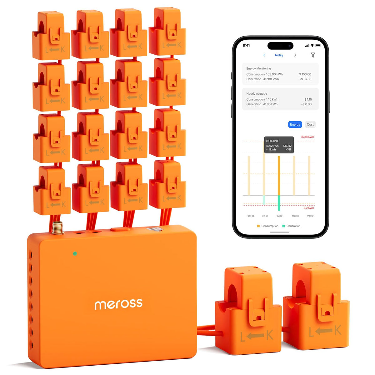 Meross energy monitor CT clamp view showing real-time power usage