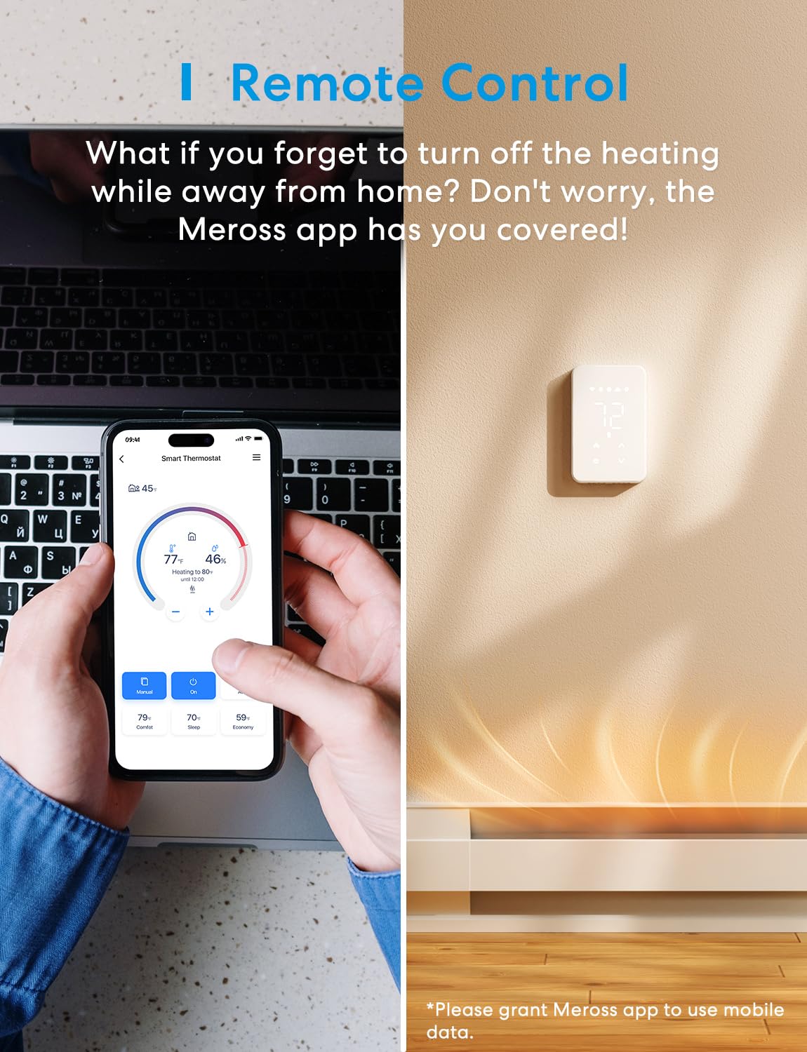 High-voltage baseboard installation with Meross thermostat install guidance.