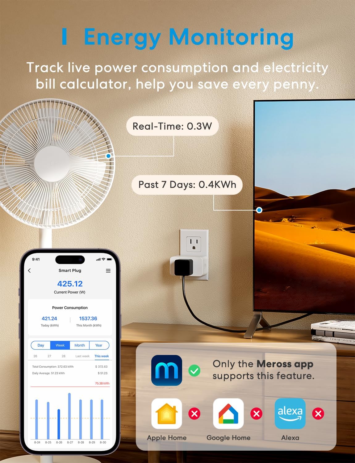 Meross Matter energy-monitor displays real-time power usage in app.